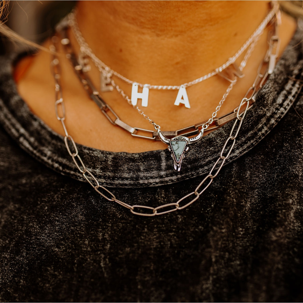 Turquoise Stone Steer Skull Necklace