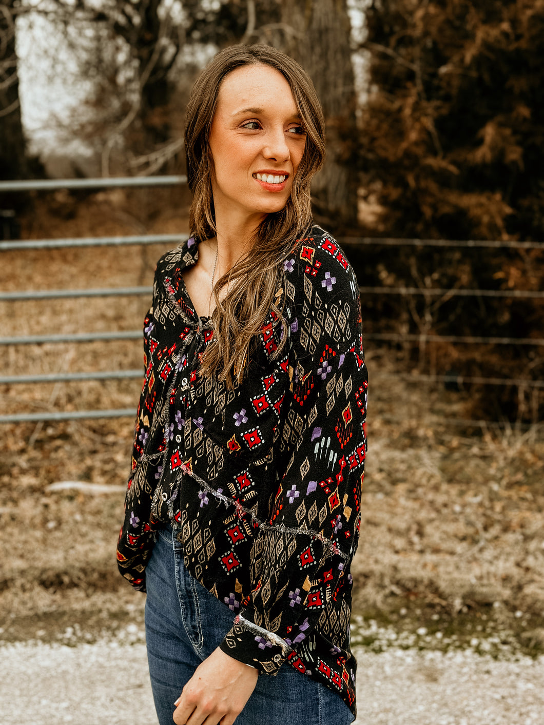 Aztec Black Frayed Top